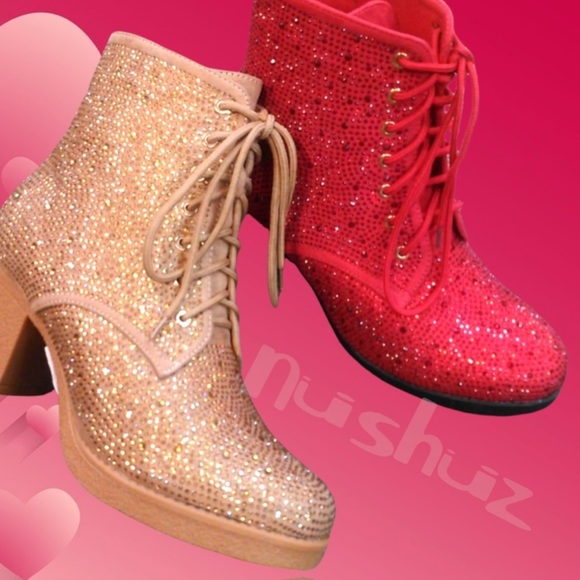 Last Pair! Tan Lace-Up Gold Rhinestone Embellished Heeled Combat Bootie 10 - Picture 2 of 5